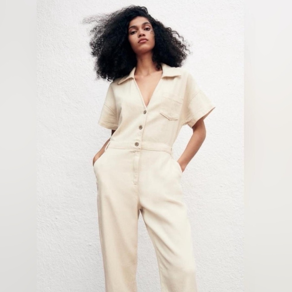 Zara Ecru Denim Cream Jumpsuit